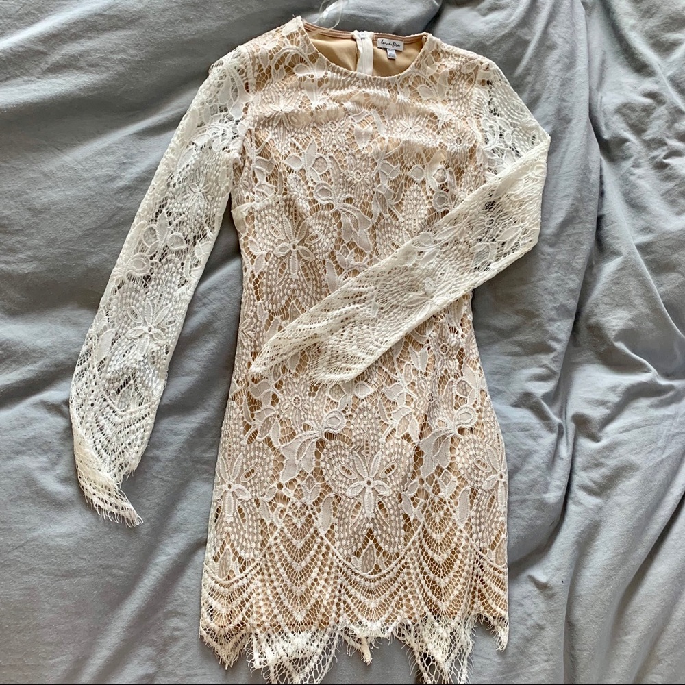 Love, Fire nude/white lace overlay dress